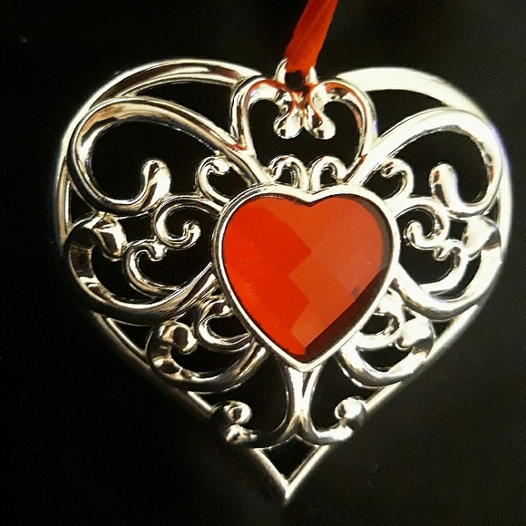 Lenox Gemmed Heart Ornament - Ornate Silver Tone Metal + Red Acrylic Jewel - Picture 3 of 8